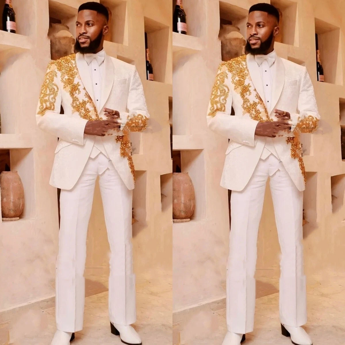 White Men's Suit Wedding Groom 2Pcs Gold Sequined Party Jacket Wear Party Work