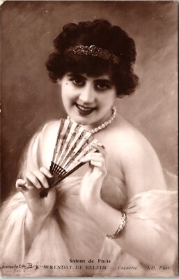 Postcard Pretty Girl Headband Hand Fan Pearls Salon Paris D142