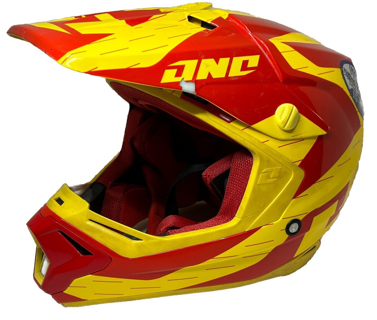 JNC Gamma Helmet Motor Cycle Dirtbike Quad Atom Pattern Red Yellow