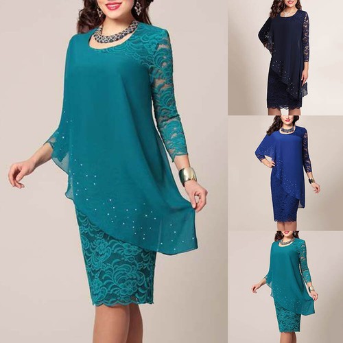 Mujer Encaje Mangas 3/4 Vestido Midi Damas de noche fiesta cóctel vestidos  sorpresa | eBay