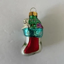 Mini Glass Christmas Ornament Stocking With Bear