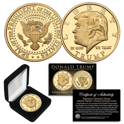 Donald Trump 45th President Liberty PROOF Golden Coin Large 39mm Coin 1 OZ w/BOX