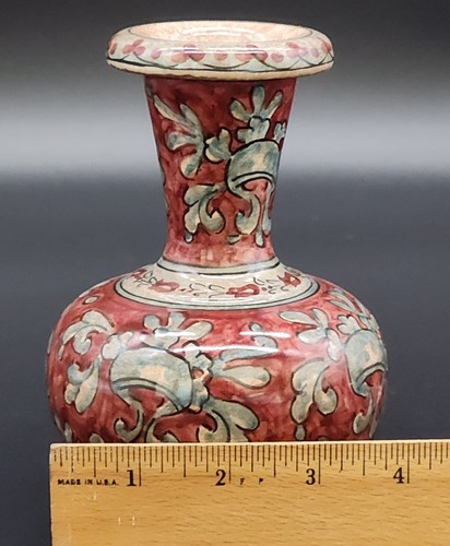 Signed Biagioli Gubbio Italy Hand Painted Ceramic Vase 6" T Red Tan Green Decor - Picture 14 of 15