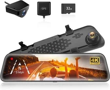 WOLFBOX G840S 12" 4K Mirror Dash Cam, Dual Cameras, Night Vision, GPS, 32GB Card