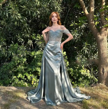 Sage Green Mermaid Evening Dresses Satin Off Shoulder Prom Bridal Gowns