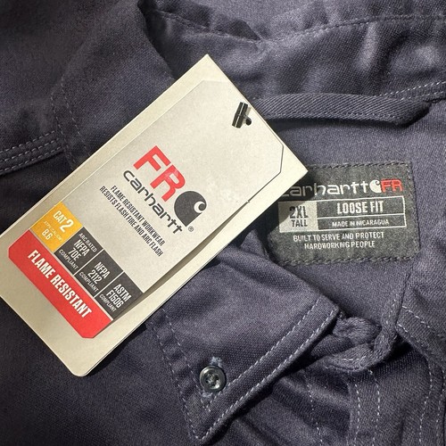 Carhartt Shirt Men 2XL TALL Navy Blue Fire Resistant Loose Fit Twill Long Sleeve - Picture 6 of 13