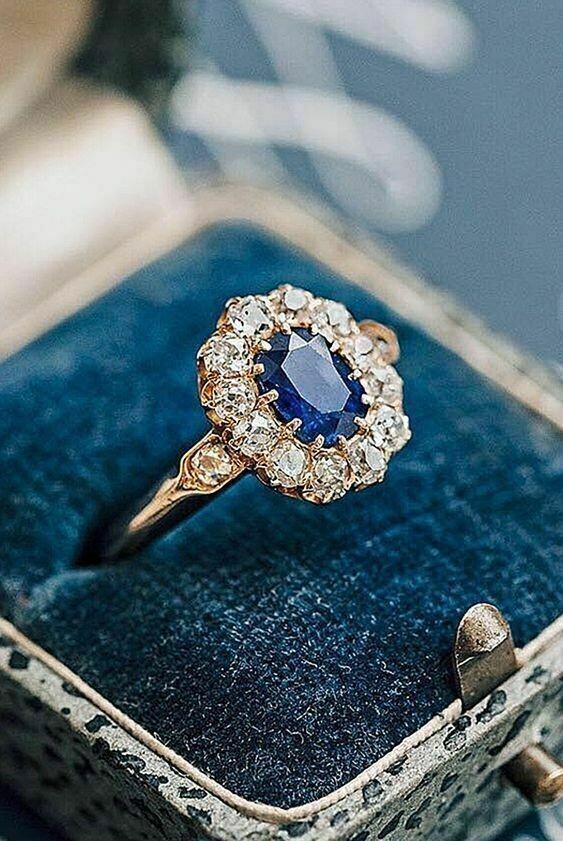 Vintage Art Deco Style Blue Lab Created Sapphire Wedding 14K