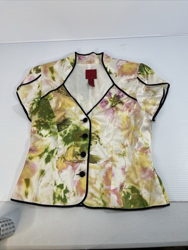JS Collections Womens 10 Blouse Black Flowers Print Button Flutter Sleeve - Picture 9 of 10