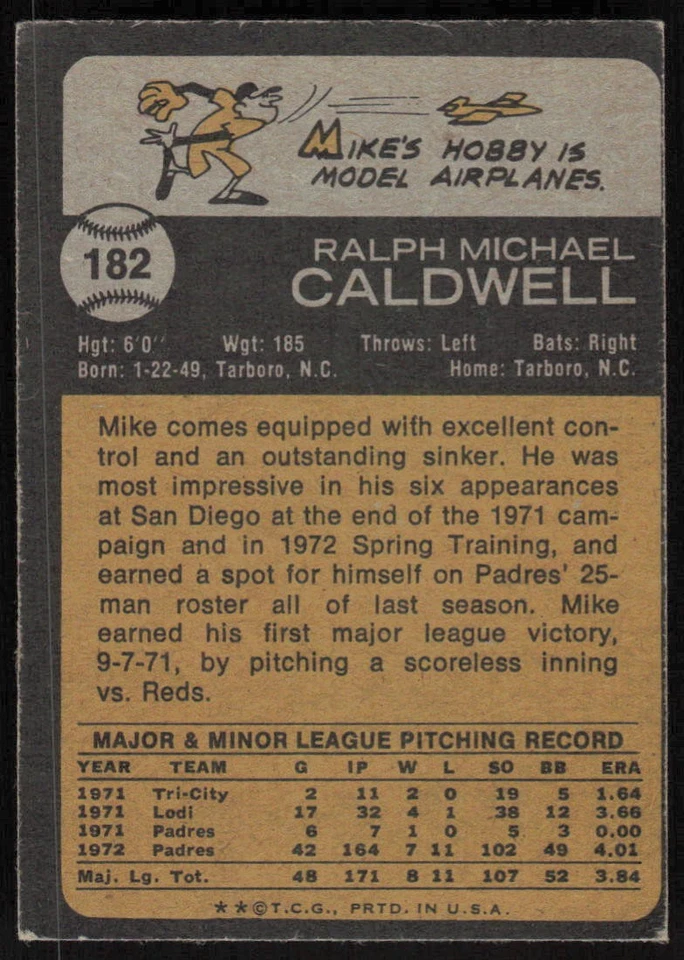 1973 Topps #182 Mike Caldwell RC - $1 SHIPPING - Image 2 of 2