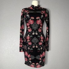 GUESS Floral Mesh Mock Neck Long Sleeve Bodycon Dress Sheer S
