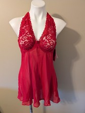 VTG CINEMA ETOILE  Seductivewear  RED Chiffon  Lace Slip Dress Sz L w/PantieNWT