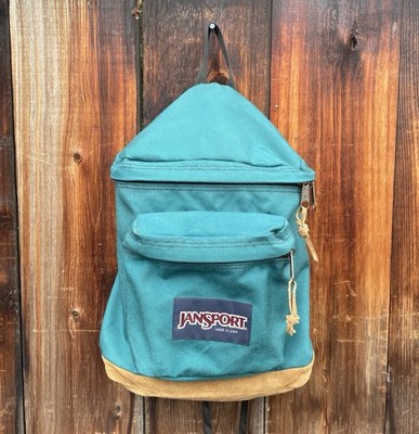 Vintage 90s Jansport Green Backpack Suede Leather Bottom Bag Pack