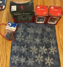 Lot of 24 Assorted Christmas Ornaments - 20 Snowflakes,  2 balls, hockey, & coal