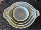 PYREX SET OF FOUR DAISY GREEN AND WHITE, 3 CINDERELLA NESTING AND 1 MIXING BOWL