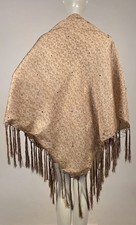 MID 19TH C PRINT SILK SHAWL FOR DRESS W HAND KNOT SILK FRINGE