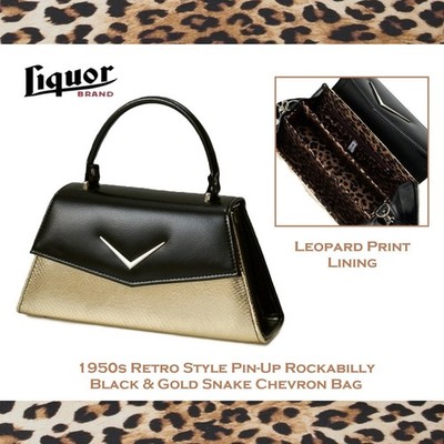 LiquorBrand Retro Black/Gold Snake Chevron Handtasche, 50s Pin-Up Rockabilly