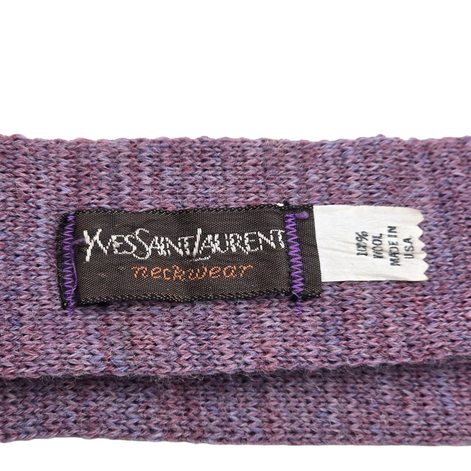 Винтажный Yves Saint Laurent вязаный мужской шерсти галстук YSL фиолетовый логотип фиолетовый - Изображение 3 из 3