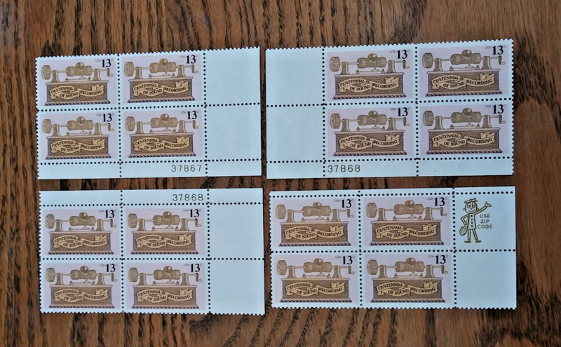 Sound Recording, 100th, 13¢ stamp,  4 Blocks (3 PB) , Scott# 1705, MNH