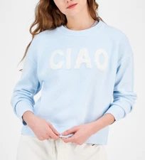 Hooked up by Iot X6733 Juniors Novelty Verbiage 'Ciao' Sweater Delicate Blue XL