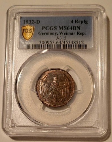 Germany Weimar Republic 1932 D 4 Reichspfennig MS64 BN PCGS