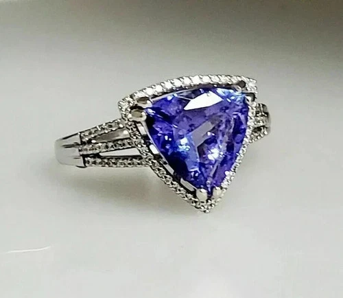 3Ct Trillion Cut Lab-Created Tanzanite Halo Wedding Ring 14K White Gold Plated