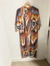 Bel Kazan Boho Kimono Duster OS 100% Rayon Made in Bali – Vibrant Ikat Print