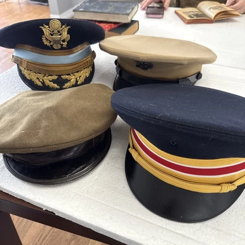 Lot of US Military Officers Hats w/ Emblems USMC Army WW2 Vietnam Field NAMED