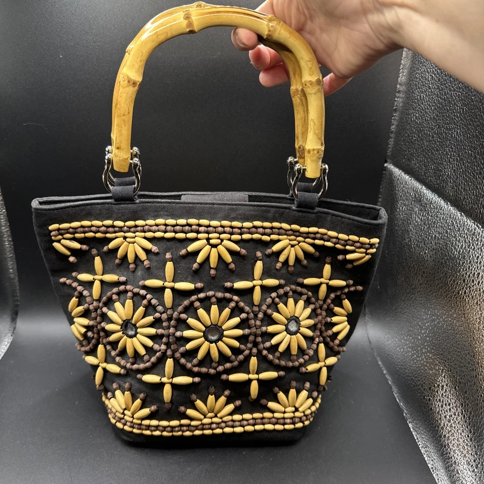 Bolso de Mano Talbots Cuentas Lino Marrón Asas de Bambú Cierre Magnético Bolsillo con Cremallera Foto 2 de 4