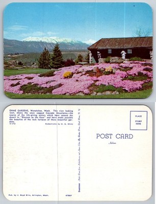 Ohme Gardens Wenatchee WA Postcard Log Cabin Pink Phlox Cascade Mountains