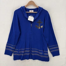 Quacker Factory Hoodie Sweater Womens Medium Blue Zip Up Sequin Anchor Nautical