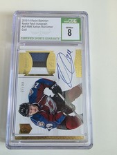 NATHAN MacKINNON 2013-14 Panini DOMINION ROOKIE ON CARD AUTO 3 CLR PATCH RC /99. rookie card picture
