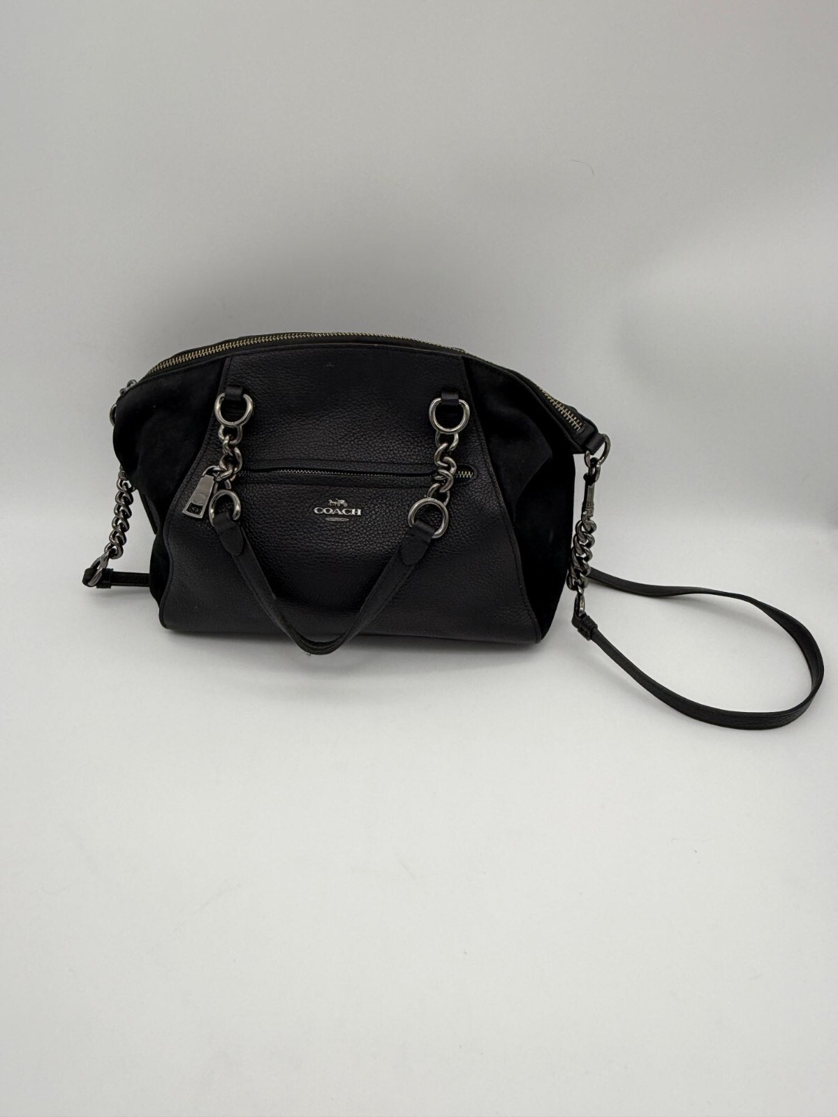 Coach Black Leather Suede Satchel with Chain Strap Zip Closure  