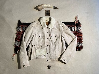 Levi's Wildleder Damen Jacke L Trucker Sherpa Fleece Beige Creme Top Selten