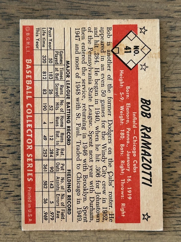 Bob Ramazotti 1953 Bowman Black & White Baseball #41 Chicago Cubs EX NICE! - Image 2 of 2