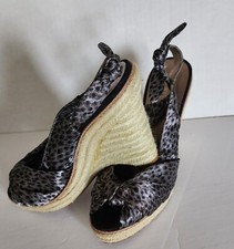 Nine West Silver Leopard Print Wedge Braided Straw Heels 9.5 M Peep Toe