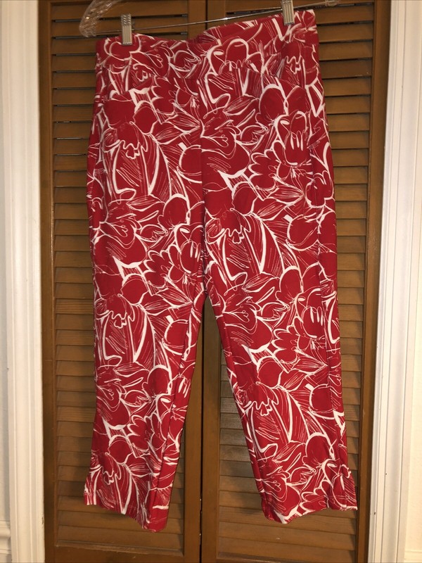 Chicos Travelers Rayon Slinky Stretch Pull On Pants Red Print Womens Size 0.5