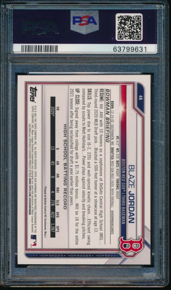 PSA 10 BLAZE JORDAN 2021 Bowman The National ORANGE FOIL #/25 Rookie RC GEM MINT - Image 2 of 2