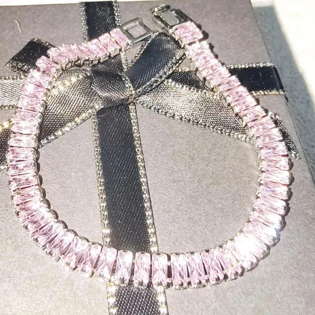 Pulsera Tenis Regalo para Ella Baguette Simulado Zafiro Rosa Acero Inoxidable Foto 4 de 4