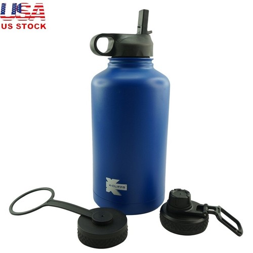 64oz Double Wall Stainless Steel Water Bottle BPA Free 3 Lids Sport Straw New US