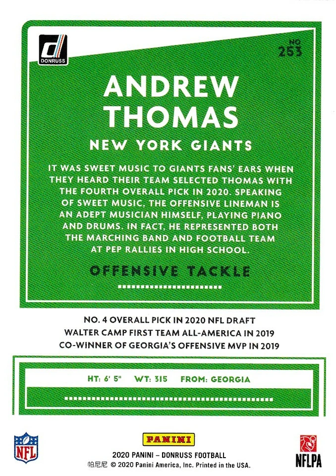 2020 DONRUSS RC ANDREW THOMAS NEW YORK GIANTS ROOKIE - B4242 - Image 2 of 2