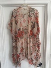 Floral Sheer Short Sleeve Kimono with Dusty Roses One Size Cover Up Beige
