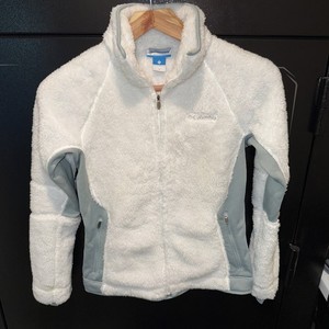 Columbia Full Zip Fleece Jacket Cream & Light Green Sz M Casual Outdoor Hiking!