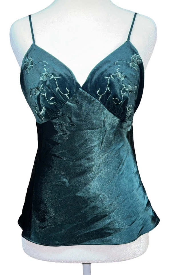 Y2K Green Satin Velvet Floral Embroidered Cami Top Fairycore Romantic Sz M-L - Image 2 of 4