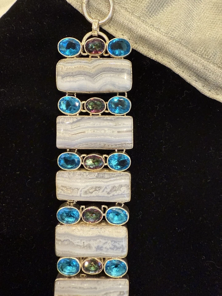 Nuevo Brazalete de Ágata de Encaje, Piedras de Topacio Místico y Azul, en Plata de Ley Foto 3 de 4