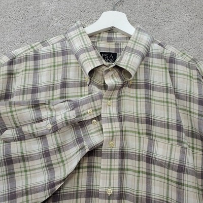 Jos A Bank Travelers Button Linen Down Shirt Mens XXL Plum Green  Plaid Preppy