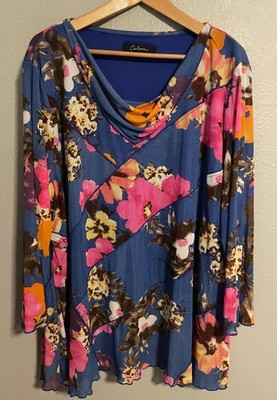 Calessa Tunic Top Womens 2X Blue Multicolor Floral Cowl Neck Stretch Artsy Boho