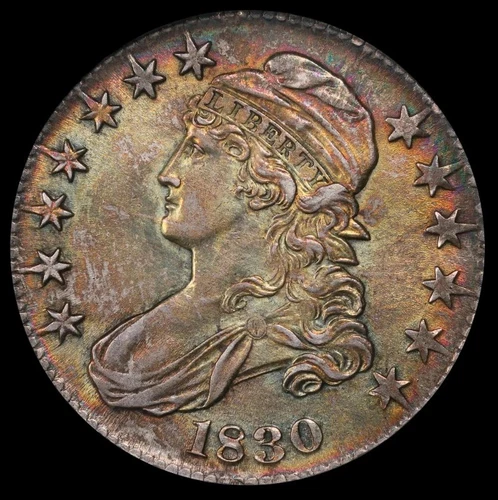 1830 Small 0 O-115 Capped Bust Half Dollar 50C NGC AU58 OH Rainbow Toned Monster