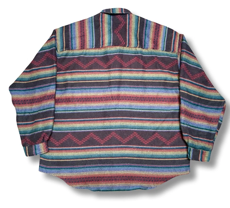 VTG Serape Striped Acrylic Flannel Mens Large Western Aztec Colors Button Up - Image 3 of 4