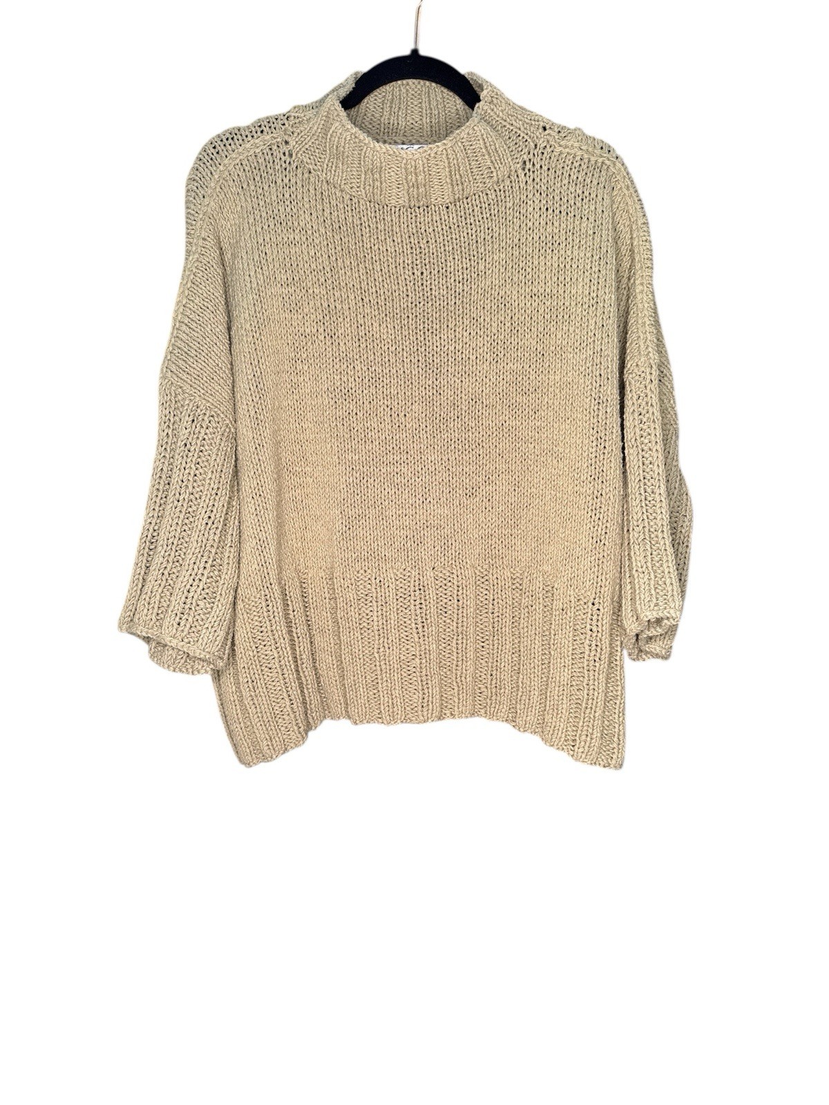 RICO Beige Chunky-Knit Pullover Sweater Oversized Mock Neck One Size Long Sleeve