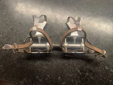 Vintage CAMPAGNOLO SUPERLEGGERI PEDALS w/ CINELLI Medium Clips + Straps.    (NJ)